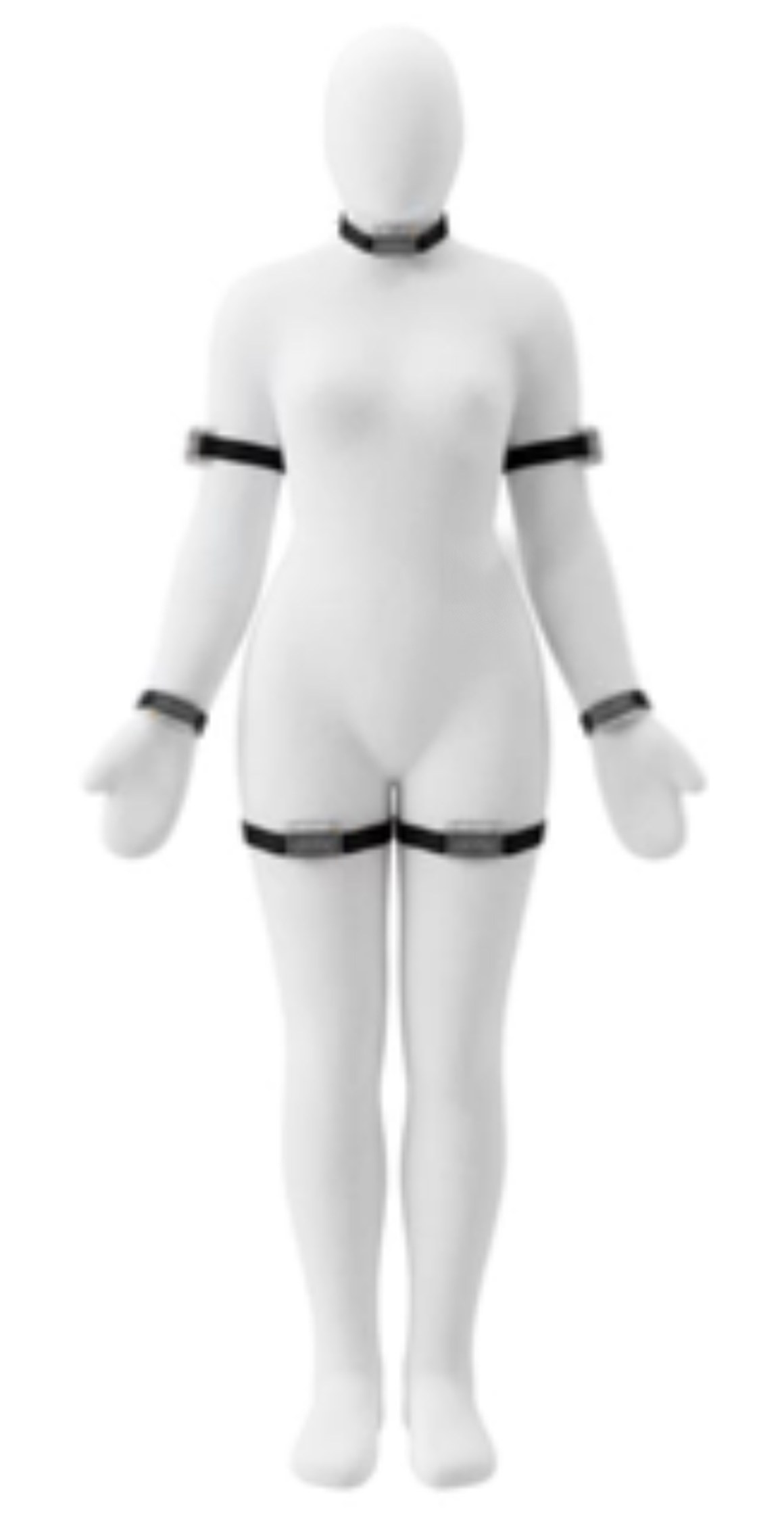 A white 3D body model with red dotic modules at the neck, upper arms, waist, wrists, thighs and ankles